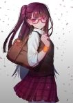  1girl :&lt; alternate_costume bangs blunt_bangs blush closed_mouth cowboy_shot eyebrows_visible_through_hair from_side girls_frontline glasses gradient gradient_background hanato_(seonoaiko) hand_up long_hair looking_at_viewer one_side_up pink-framed_eyewear plaid plaid_skirt purple_hair purple_skirt school_uniform skirt sleeves_rolled_up solo sweater_vest tsurime violet_eyes wa2000_(girls_frontline) 