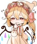  1girl alternate_costume blonde_hair chibi closed_mouth flandre_scarlet gotoh510 hair_between_eyes hair_ribbon hat highres long_hair nightcap nightgown red_eyes red_ribbon ribbon side_ponytail simple_background solo tears touhou white_background wings 