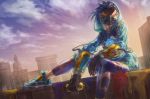  1girl alternate_costume black_hair city clouds gas_mask gloves goggles graffiti_tracer highres hood hoodie looking_at_viewer overwatch shoes sitting sky sneakers solo spray_can sunrise tracer_(overwatch) wye 