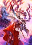  1girl artist_name black_cape black_legwear brown_gloves cape dress dutch_angle feathers gem glint gloves hair_feathers hair_ornament highres holding holding_sword holding_weapon koyamanatsu looking_at_viewer original outdoors pink_eyes red_dress smile standing sword twintails weapon 