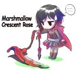  ... 1girl boots cape chibi crescent_rose iesupa inflatable_toy ruby_rose rwby scythe solo speech_bubble sweatdrop 