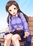  1girl bench blush breasts brown_eyes brown_hair cat dan_(orange_train) idolmaster idolmaster_million_live! kitazawa_shiho long_hair long_sleeves looking_at_viewer medium_breasts open_mouth smile solo 