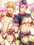  2boys aerial_drive bikini black_skirt blonde_hair blue_eyes bodysuit crop_top crossdressinging fate/extra fate/grand_order fate_(series) garter_straps gawain_(fate/extra) gloves hands_on_hips hat highres lancelot_(fate/grand_order) male_focus miniskirt multicolored multicolored_bikini multicolored_clothes multiple_boys muscle nurse_cap pectorals revealing_clothes skirt swimsuit syringe thigh-highs toned toned_male trick_or_treatment violet_eyes 