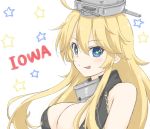  1girl ahoge artist_request blonde_hair blue_eyes breasts cleavage front-tie_top hair_between_eyes headgear iowa_(kantai_collection) kantai_collection large_breasts long_hair looking_at_viewer sleeveless star star-shaped_pupils symbol-shaped_pupils tongue tongue_out 