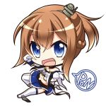  1girl :d anchor azur_lane bangs bare_shoulders blue_eyes blue_skirt braid brown_hair chibi commentary_request eyebrows_visible_through_hair full_body hair_between_eyes hair_over_one_eye halterneck hand_up hat looking_at_viewer midriff mini_hat navel open_mouth pleated_skirt ponytail repulse_(azur_lane) rudder_shoes shachoo. short_hair simple_background skirt smile solo speech_bubble thigh-highs white_background 