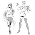  2boys crop_top crossdressinging fate/grand_order fate_(series) full_body garters gloves greyscale hand_on_hip hat juer1004 lancelot_(fate/grand_order) long_hair looking_at_viewer monochrome multiple_boys nurse nurse_cap pectorals pen ponytail simple_background stethoscope tattoo white_background yan_qing_(fate/grand_order) 