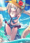  1girl arms_behind_back bikini blue_bikini blue_bow blue_eyes blue_ribbon blue_sky blush bow breasts cleavage clouds collarbone day eyebrows_visible_through_hair fate/grand_order fate_(series) floating_hair flower hat hat_bow hat_flower hayosena hibiscus jewelry long_hair looking_at_viewer marie_antoinette_(fate/grand_order) marie_antoinette_(swimsuit_caster)_(fate) necklace outdoors red_flower ribbon sky smile solo standing straw_hat striped striped_bow sun_hat sunlight swimsuit very_long_hair wading water white_flower yellow_hat 