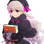  1girl bangs beret book fate/extra fate/grand_order fate_(series) hat hat_ribbon holding holding_book long_hair lowres nursery_rhyme_(fate/extra) ribbon smile solo tia_(cocorosso) violet_eyes white_hair 