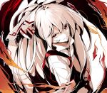  1girl big_hair bow closed_mouth collared_shirt colored commentary_request fire flame fujiwara_no_mokou gotoh510 hair_bow ikurauni long_hair looking_at_viewer pants ponytail red_eyes red_pants shirt solo touhou very_long_hair white_hair white_shirt wing_collar 