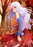  1girl arano_oki autumn bare_shoulders bow breasts commentary_request detached_sleeves forest frills hatchet holding holding_weapon large_breasts long_hair messy_hair nature orange_eyes oriental_hatchet parted_lips red_bow sakata_nemuno solo touhou weapon white_hair 