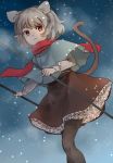  1girl animal_ears capelet commentary_request dowsing_rod grey_hair highres holding iirodo long_sleeves looking_at_viewer mouse_ears nazrin pantyhose red_eyes red_scarf scarf short_hair snowing solo tail touhou 