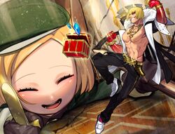  1boy 1girl :d abs axe bangs belt beret black_pants blonde_hair chest closed_eyes commentary_request crystal fate/grand_order fate_(series) fur_trim giantess gloves green_hat grin hand_up hat holding holding_weapon jewelry muscle necklace open_mouth pants paul_bunyan_(fate/grand_order) pectorals red_gloves ring sakata_kintoki_(fate/grand_order) shoes short_hair smile sokuse_kienta standing standing_on_one_leg sunglasses swept_bangs treasure_chest weapon white_footwear 