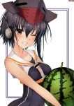  ass asymmetrical_hair bangs bare_shoulders black_hair blush breasts brown_eyes collarbone commentary eyebrows_visible_through_hair food framed_breasts fruit hair_between_eyes hat headphones highres holding holding_food holding_fruit i-14_(kantai_collection) kantai_collection looking_at_viewer neckerchief one-piece_swimsuit one_eye_closed parted_lips sailor_collar sazamiso_rx school_swimsuit short_hair sidelocks signature smile swimsuit upper_body watermelon 