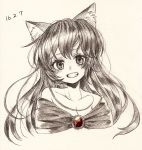  1girl animal_ears bangs bare_shoulders brooch collarbone dated gotoh510 greyscale head_tilt imaizumi_kagerou jewelry long_hair looking_at_viewer monochrome portrait smile solo spot_color teeth touhou traditional_media wolf_ears 