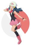  1girl :d bare_arms bare_shoulders beanie black_legwear blue_eyes blue_hair blush boots dress full_body hair_ornament hairclip hat holding holding_poke_ball knee_boots kneehighs leg_up long_hair open_mouth pink_footwear pink_scarf poke_ball pokemon pokemon_(game) pokemon_dppt poketch puma_(hyuma1219) scarf sleeveless sleeveless_dress smile solo standing standing_on_one_leg v watch watch white_hat 