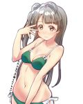 1girl bangs bare_arms bare_shoulders bikini blunt_bangs blush breasts brown_hair cleavage collarbone eyebrows_visible_through_hair green_bikini hair_ornament hairclip hand_up long_hair looking_at_viewer love_live! love_live!_school_idol_project medium_breasts minami_kotori navel ribbon shiny shiny_hair side-tie_bikini side_ponytail simple_background skull573 smile solo stomach swimsuit tareme upper_body very_long_hair white_background white_ribbon yellow_eyes 