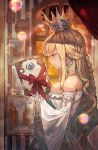  1girl bare_shoulders blonde_hair blue_eyes blurry bokeh book braid crown curtains depth_of_field dress from_side holding holding_book indoors lack light_smile long_hair night original solo tsurime upper_body very_long_hair wavy_hair white_dress wide_sleeves window 
