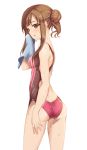  1girl ass bangs blush breasts brown_eyes brown_hair butt_crack competition_swimsuit cowboy_shot from_behind gokubuto_mayuge hand_up holding idolmaster idolmaster_cinderella_girls long_hair looking_back mizumoto_yukari one-piece_swimsuit parted_lips side_bun sidelocks simple_background small_breasts solo swimsuit thighs towel wet white_background 