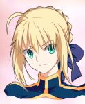  1girl ahoge artoria_pendragon_(all) blonde_hair blue_ribbon eyebrows_visible_through_hair fate/stay_night fate_(series) green_eyes hair_between_eyes hair_ribbon looking_at_viewer pink_background portrait ribbon saber short_hair_with_long_locks smile solo 
