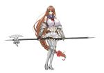  1girl armor armored_boots bangs bare_shoulders boots bow bowtie braid breasts commentary eyebrows_visible_through_hair flower full_body gauntlets hair_flower hair_ornament halberd hayama_kazusa holding holding_weapon large_breasts long_hair looking_at_viewer original pleated_skirt polearm simple_background single_braid skirt sleeveless solo standing thigh-highs thigh_boots turtleneck very_long_hair weapon white_background zettai_ryouiki 