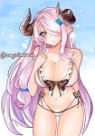  1girl angie_bunnie arm_behind_back bikini blue_eyes blush breasts collarbone doraf eyebrows_visible_through_hair frilled_bikini frills gluteal_fold granblue_fantasy hair_ornament hair_over_one_eye head_tilt heart heart-shaped_pupils horns large_breasts lavender_hair long_hair looking_at_viewer narumeia_(granblue_fantasy) navel parted_lips pointy_ears solo swimsuit symbol-shaped_pupils twitter_username very_long_hair white_bikini 