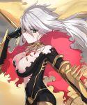  1girl absurdres bangs bodysuit breasts closed_mouth collar day expressionless eyebrows_visible_through_hair fate/apocrypha fate/grand_order fate_(series) floating_hair from_side genderswap genderswap_(mtf) green_eyes grey_hair hair_between_eyes highres holding holding_weapon k_jin karna_(fate) large_breasts long_hair looking_at_viewer outdoors polearm shawl solo spiked_collar spikes tsurime upper_body weapon 