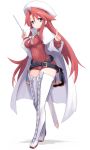  1girl aty_(summon_night) belt beret blue_eyes blush book boots breasts cape dress hat highres karukan_(monjya) large_breasts long_hair long_sleeves looking_at_viewer red_sweater redhead smile solo summon_night summon_night_3 sweater sword thigh-highs thigh_boots weapon white_footwear white_legwear 