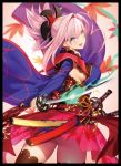  1girl ahoge ass black_legwear blue_eyes bright_pupils cowboy_shot detached_sleeves earrings eyebrows_visible_through_hair fate/grand_order fate_(series) fire from_behind hair_intakes hair_ornament highres japanese_clothes jewelry katana leaf long_sleeves looking_back maple_leaf miyamoto_musashi_(fate/grand_order) obi open_mouth pink_hair ponytail sash sidelocks simple_background skirt smile solo sword thigh-highs weapon wide_sleeves yangsion 