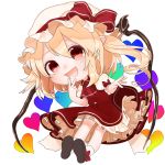  1girl ascot blonde_hair bow brown_footwear chibi commentary_request flandre_scarlet gotoh510 hair_between_eyes hat hat_bow heart highres long_hair looking_at_viewer miniskirt mob_cap one_side_up petticoat pointy_ears puffy_short_sleeves puffy_sleeves red_eyes red_skirt shoes short_sleeves simple_background skirt skirt_set smile socks solo touhou vest white_background white_hat white_legwear wings 