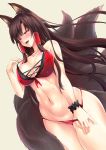  1girl :d akagi_(azur_lane) animal_ears azur_lane bikini bikini_pull black_hair blush breasts collarbone cowboy_shot dutch_angle fox_ears fox_tail hair_tubes kirisaki_byakko large_breasts long_hair looking_at_viewer multiple_tails navel open_mouth pulled_by_self red_bikini red_eyes scrunchie smile solo stomach swimsuit tail wrist_scrunchie 