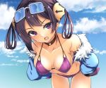  &gt;:o 1girl :d :o azur_lane bangs bare_shoulders bent_over bikini blue_coat blue_sky blush breasts brown_hair brown_neckwear choker cleavage clouds coat collarbone commentary_request cowboy_shot day erect_nipples eyewear_on_head fur_trim gokubuto_mayuge hair_ribbon hairpods hands_on_hips hanging_breasts long_hair long_sleeves looking_at_viewer medium_breasts ning_hai_(azur_lane) off_shoulder open_clothes open_coat open_mouth outdoors purple_bikini ribbon sky smile solo standing swimsuit thigh_gap violet_eyes white-framed_eyewear 