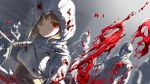  1girl assassin&#039;s_creed_(series) attacking_viewer bilibili_douga blood blood_splatter bloody_clothes brown_hair cloak closed_mouth expressionless foreshortening highres holding holding_sword holding_weapon hood hood_up hooded_jacket jacket long_hair long_sleeves looking_at_viewer mianbaoshi_mengxiang one_eye_covered people perspective pov red_eyes sash slashing soldier solo_focus sword weapon white_cloak 