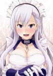  1girl azur_lane belfast_(azur_lane) blue_eyes blush breasts cleavage collarbone eyebrows_visible_through_hair highres kanzaki_kureha large_breasts long_hair looking_at_viewer maid_headdress open_mouth silver_hair smile solo 
