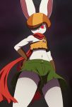  1girl absurdres animal_ears brown_gloves cabbie_hat dragon_ball dragon_ball_super eric_lowery from_below fur gloves green_shorts hand_on_hip hat highres midriff one_eye_covered rabbit_ears red_eyes red_scarf scarf shorts smile solo sorrel_(dragon_ball) 