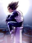  1boy armor black_hair boots dragon_ball dragonball_z looking_away male_focus ochanoko_(get9-sac) serious sitting spiky_hair vegeta 