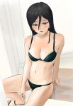  1girl bikini black_bikini black_hair blue_eyes blush breasts cleavage from_above hair_between_eyes hibike!_euphonium highres long_hair medium_breasts messy_hair open_mouth sandals shaded_face shirow_(mha03133) sitting solo swimsuit tanaka_asuka 