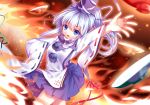  1girl blue_eyes blush breasts long_hair long_sleeves looking_away medium_breasts mononobe_no_futo moseley open_mouth ponytail silver_hair solo spell_card touhou 