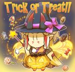  1girl adapted_costume alternate_costume blonde_hair candy candy_cane chibi comic commentary cookie doughnut facial_mark fate/grand_order fate_(series) food glowing halloween hat hisahiko holding ibaraki_douji_(fate/grand_order) lollipop long_sleeves looking_at_viewer macaron multicolored_hair oni_horns pointy_ears pumpkin_costume redhead revision sidelocks solo star star_wand trick_or_treat wand wide_sleeves witch_hat |_| 
