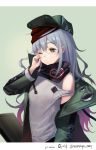  1girl bandanna bangs blush brown_eyes character_name copyright_name flat_cap g11_(girls_frontline) girls_frontline gradient_hair grey_hair hair_between_eyes hat highres jacket letterboxed long_hair multicolored_hair open_clothes open_jacket osuti parted_lips purple_hair rubbing_eyes sidelocks solo tank_top twitter_username upper_body wavy_hair 