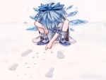  1girl blue_bow blue_dress blue_footwear blue_hair bobby_socks bow cirno dress footprints full_body gotoh510 ice ice_wings looking_down outdoors shoes snow socks solo squatting touhou white_legwear wings 