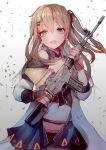  1girl :d assault_rifle bangs blush brown_eyes brown_hair eyebrows_visible_through_hair girls_frontline gradient gradient_background gun hair_between_eyes hanato_(seonoaiko) hand_up holding holding_gun holding_weapon k-2_(girls_frontline) long_hair looking_at_viewer navel open_mouth rifle smile solo weapon 