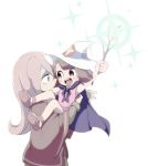  2girls brown_hair dress hair_over_one_eye hat kagari_atsuko little_witch_academia long_hair multiple_girls pale_skin pink_hair purple_hair red_eyes simple_background smile sucy_manbavaran witch younger 