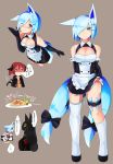  3girls animal_ears asymmetrical_legwear bare_shoulders black_hair blue_hair blush breasts cleavage cleavage_cutout elbow_gloves fox_ears fox_tail full_body gloves hair_ornament hair_over_one_eye hairclip highres holster japanese_clothes korigitsune lifted_by_self long_hair looking_at_viewer maid multiple_girls multiple_views one_eye_closed original redhead short_hair simple_background single_thighhigh skirt skirt_lift tail thigh-highs thigh_holster 