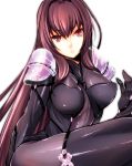  1girl bodysuit breasts breasts_apart brown_hair erect_nipples fate/grand_order fate_(series) hair_between_eyes highres large_breasts long_hair nuebiimu parted_lips red_eyes scathach_(fate/grand_order) simple_background sitting solo spaulders very_long_hair white_background 