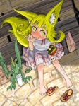  1girl animal_ears bag bangs barefoot bench between_toes blonde_hair blush bright_pupils commentary_request creature day doitsuken dress drinking_cup drinking_straw eating feet food food_in_mouth fox_child_(doitsuken) fox_tail from_above hamburger hand_up highres looking_at_viewer multiple_tails neck_ribbon no_socks original outdoors red_neckwear red_ribbon ribbon sandals sandals_removed shoes_removed short_eyebrows short_hair short_sleeves sipping sitting tail thick_eyebrows thumb_sucking toes two_tails white_dress yellow_eyes 