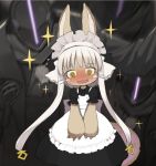  1girl animal_ears bangs blush bondrewd commentary ears_through_headwear fur furry hat jong_tu long_hair looking_at_viewer made_in_abyss maid nanachi_(made_in_abyss) pouch solo whiskers white_hair yellow_eyes 