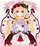  2girls ascot bat_wings blonde_hair blue_hair brooch commentary_request eating flandre_scarlet food fork fruit gotoh510 gradient gradient_background green_ribbon hat hat_ribbon holding holding_fork jewelry merry_christmas mob_cap multiple_girls nail_polish one_eye_closed pink_background pointy_ears puffy_short_sleeves puffy_sleeves red_eyes red_hat red_nails red_skirt remilia_scarlet ribbon short_sleeves siblings sisters skirt smile strawberry touhou white_hat wings wrist_cuffs yellow_ribbon 