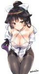  1girl akaza azur_lane bangs between_legs black_hair blunt_bangs blush bow breasts cleavage closed_mouth collarbone criss-cross_halter eyebrows_visible_through_hair hair_bow hair_flaps halterneck hand_between_legs highres hips jacket large_breasts leaning_forward light_frown long_hair looking_at_viewer open_clothes open_jacket pantyhose ponytail sidelocks simple_background solo swimsuit takao_(azur_lane) thighband_pantyhose thighs tsurime twitter_username very_long_hair white_background white_bow white_swimsuit yellow_eyes 