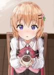  1girl blurry brown_hair chair coffee commentary_request cup depth_of_field from_above gochuumon_wa_usagi_desu_ka? hair_ornament hairclip highres holding hoto_cocoa looking_at_viewer looking_up mug parted_lips racchi. short_hair sitting solo steam violet_eyes waitress wooden_floor 