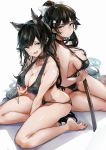  2girls animal_ears ass atago_(azur_lane) azur_lane bare_arms bare_legs barefoot bikini black_bikini black_eyes black_hair bow breasts butt_crack cleavage doroyoi_san flower hair_bow hair_flower hair_ornament large_breasts looking_at_viewer lowleg lowleg_bikini medium_breasts multiple_girls ponytail simple_background sitting smile swimsuit takao_(azur_lane) white_background white_bow 